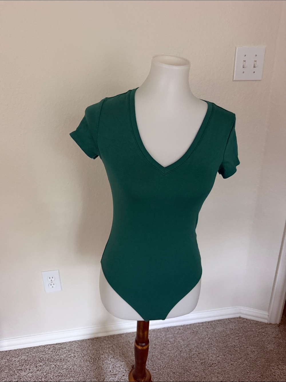 Women’s Deep Green V-Neck Short Sleeve Bodysuit